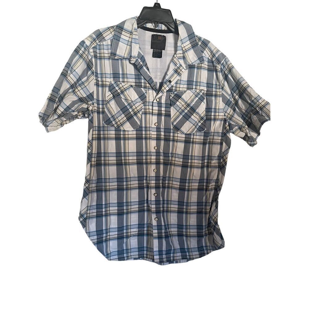 5.11 Tactical Men's White & Blue Plaid Short Sleeve Button-Up Shirt Size L